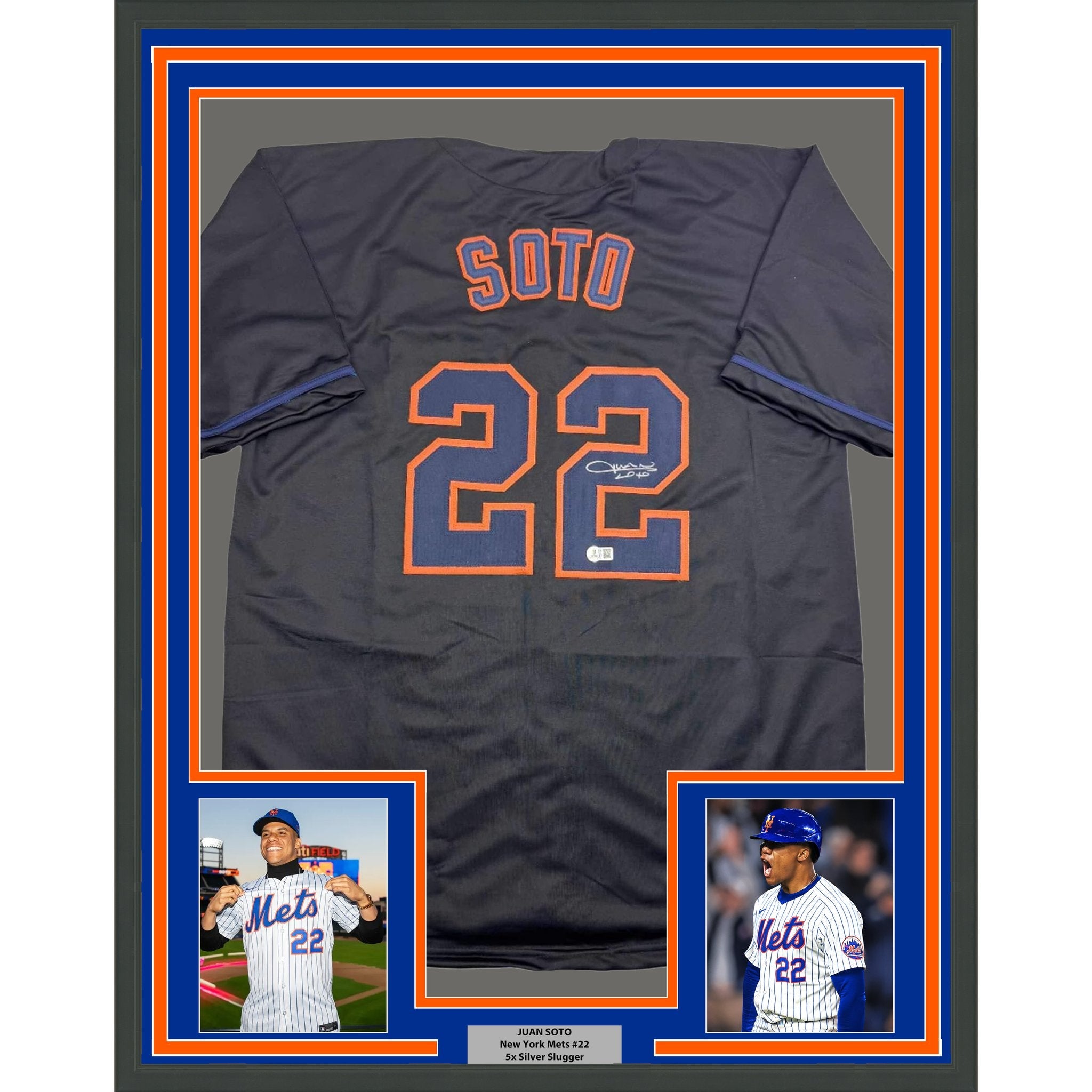 Framed Autographed/Signed Juan Soto 35x39 New York Black Baseball Jersey Beckett BAS COA