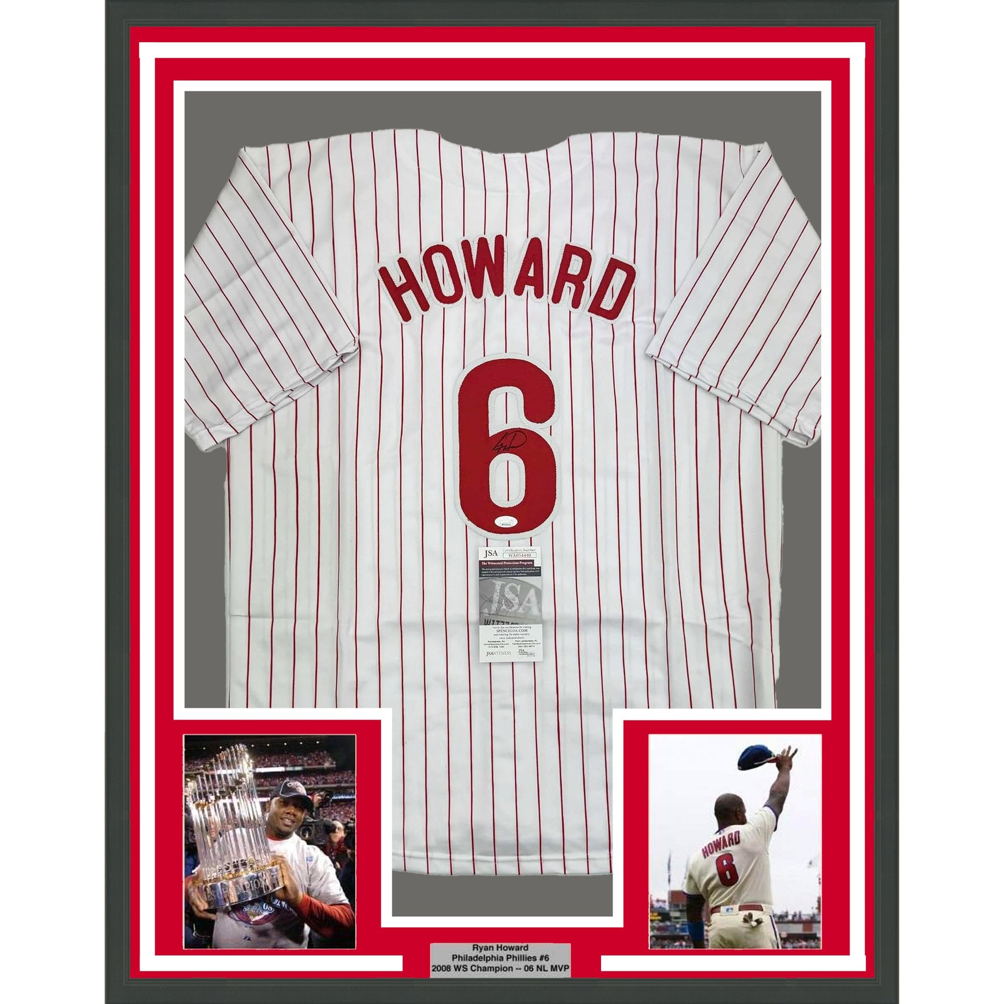 Framed Autographed/Signed Ryan Howard 35x39 Philadelphia Pinstripe Baseball Jersey JSA COA