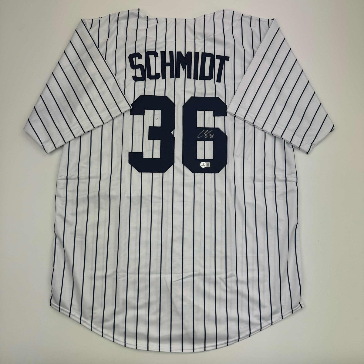 Autographed/Signed Clarke Schmidt New York Pinstripe Baseball Jersey Beckett BAS COA