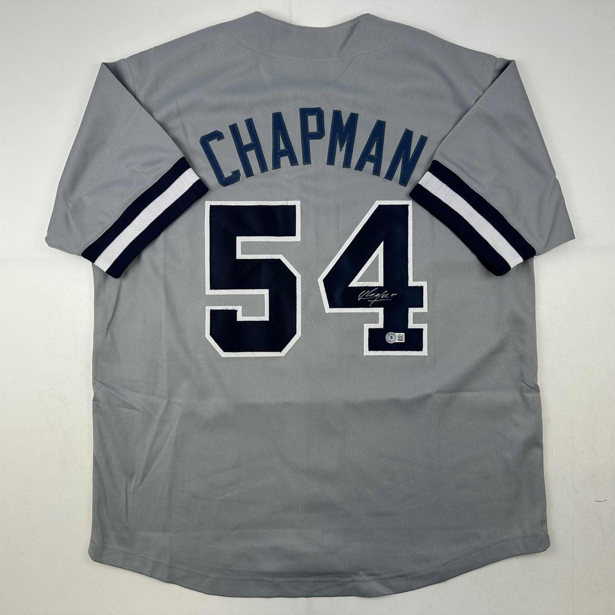 Autographed/Signed Aroldis Chapman New York Grey Baseball Jersey Beckett BAS COA
