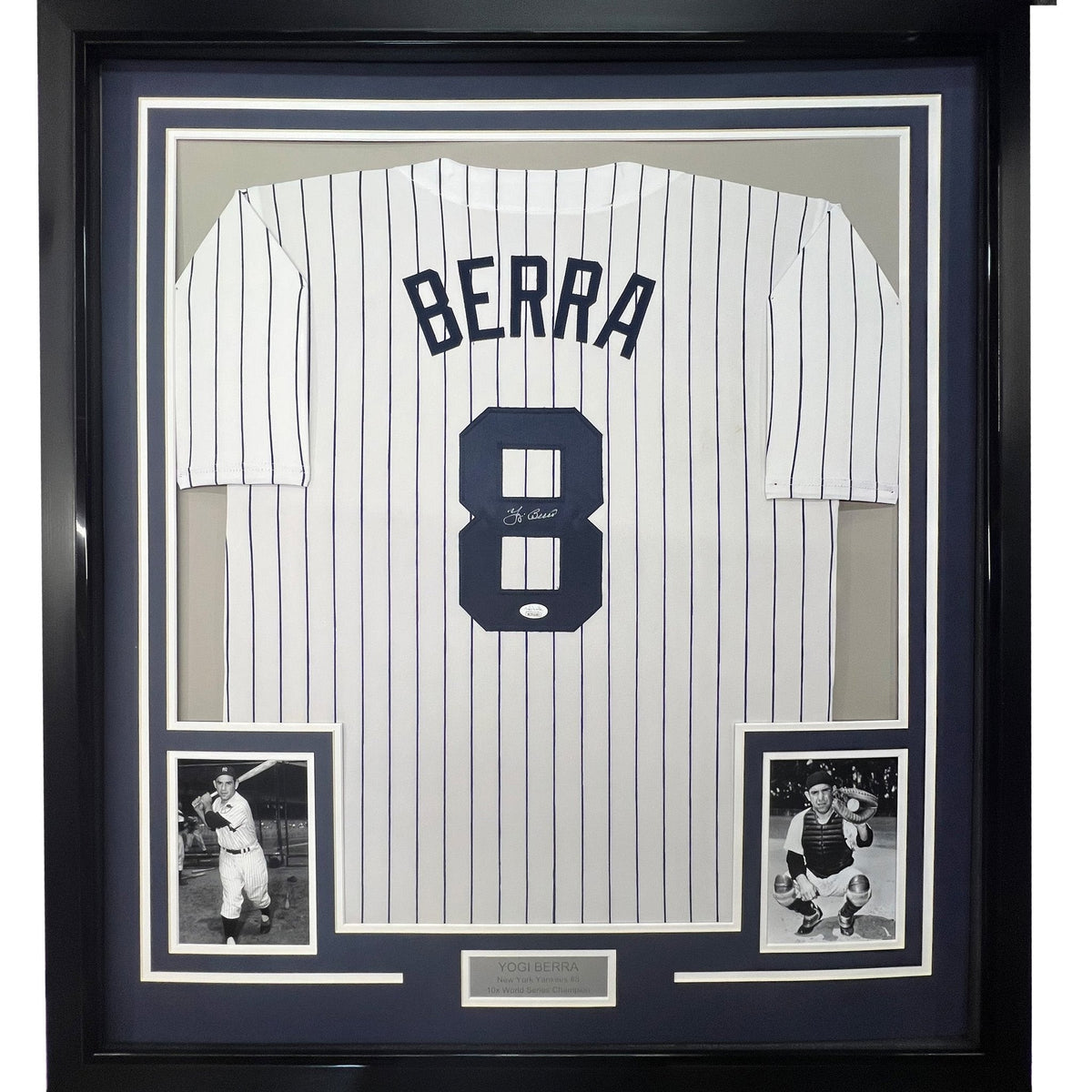 Framed Autographed/Signed Yogi Berra 35x39 New York Pinstripe Baseball Jersey JSA COA
