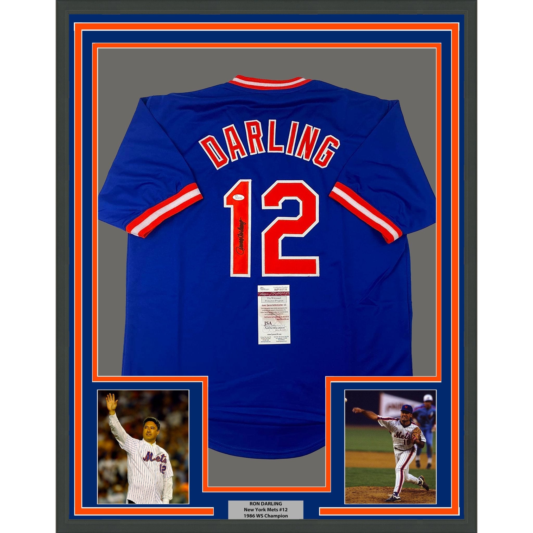 Framed Autographed/Signed Ron Darling 35x39 New York Blue Baseball Jersey JSA COA