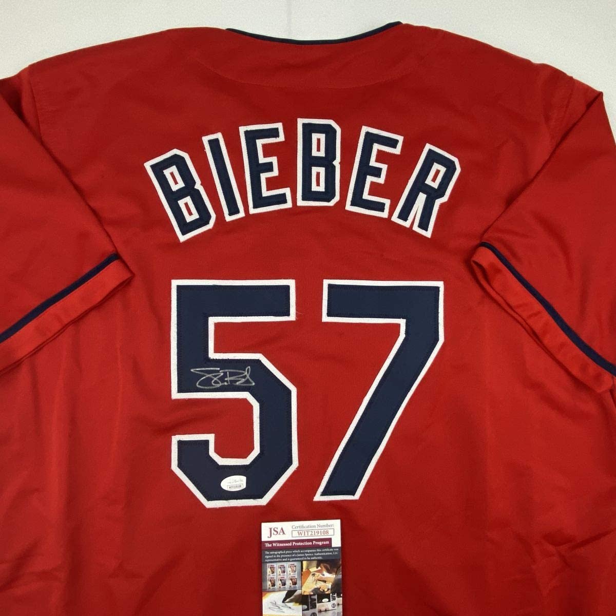 Autographed/Signed Shane Bieber Cleveland Red Baseball Jersey JSA COA