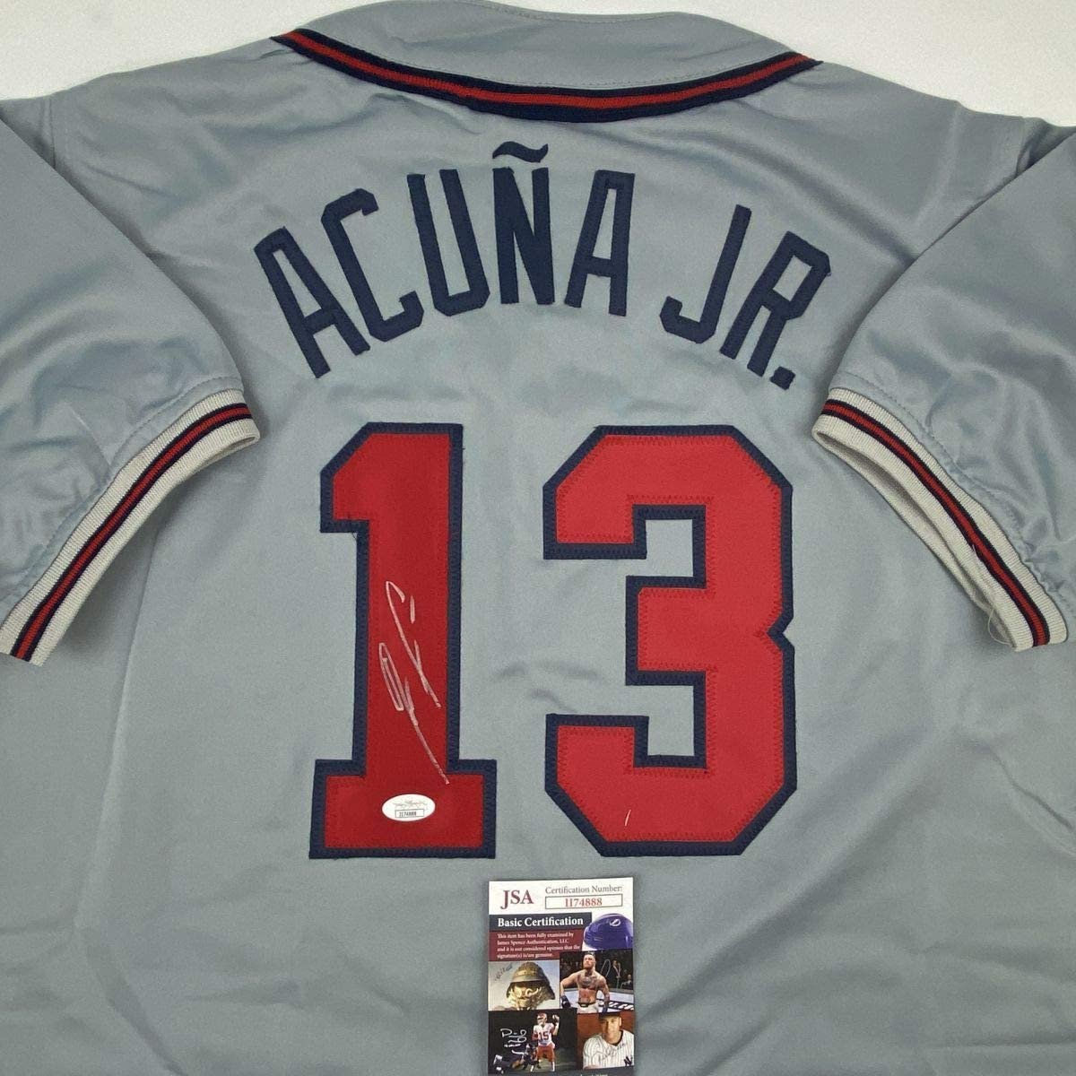 Autographed/Signed Ronald Acuna Jr. Atlanta Grey Baseball Jersey JSA COA