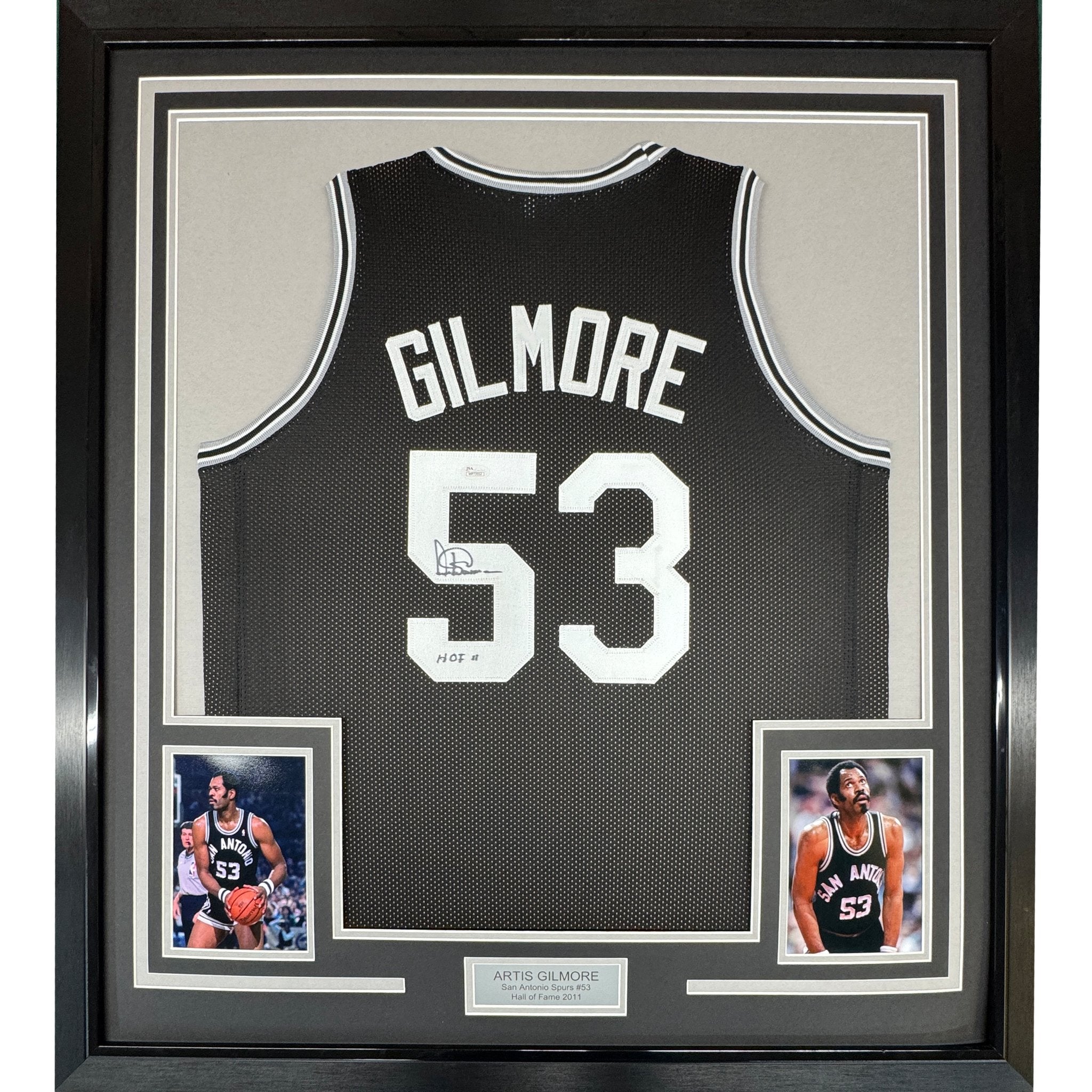 Framed Autographed/Signed Artis Gilmore HOF 11 35x39 San Antonio Black Basketball Jersey JSA COA