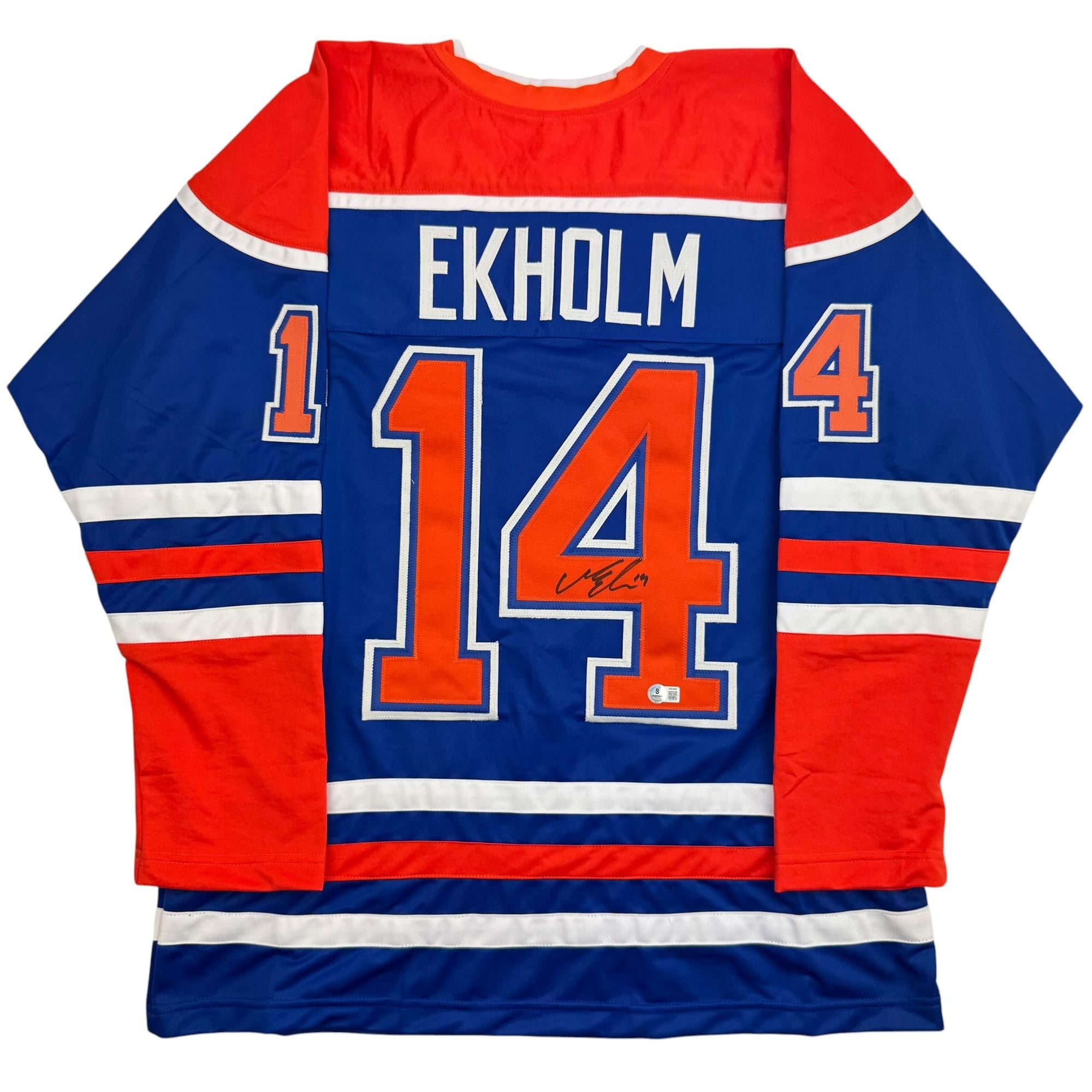 Autographed/Signed Mattias Ekholm Edmonton Blue Hockey Jersey Beckett BAS COA