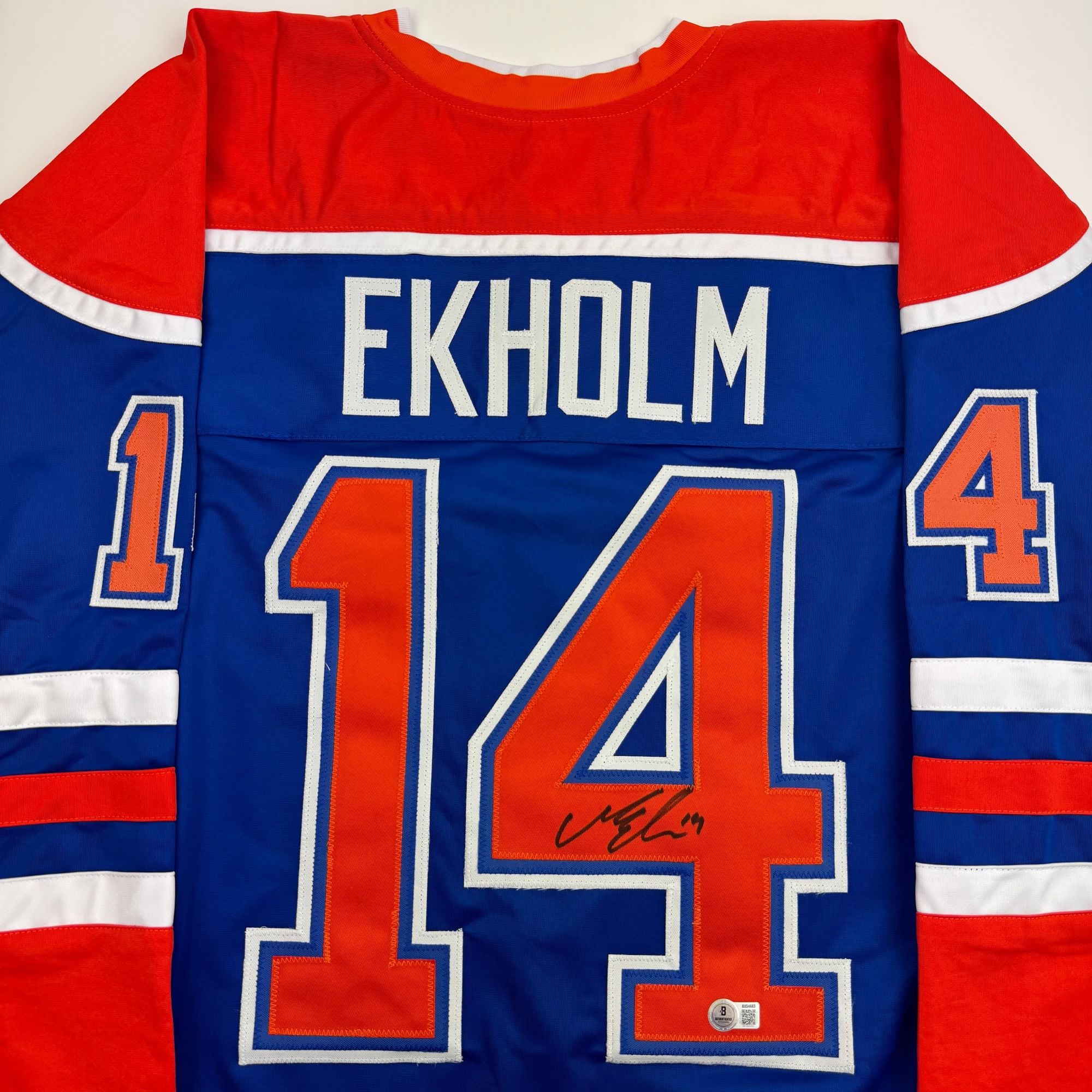 Autographed/Signed Mattias Ekholm Edmonton Blue Hockey Jersey Beckett BAS COA