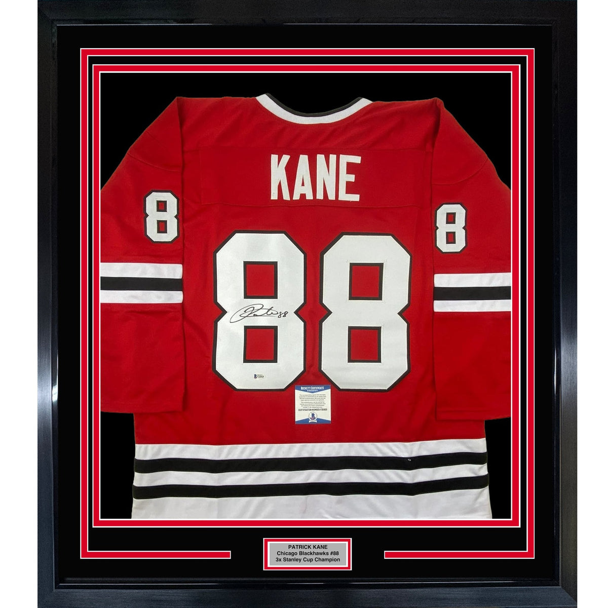 Framed Autographed/Signed Patrick Kane 35x39 Chicago Red Hockey Jersey Beckett BAS COA