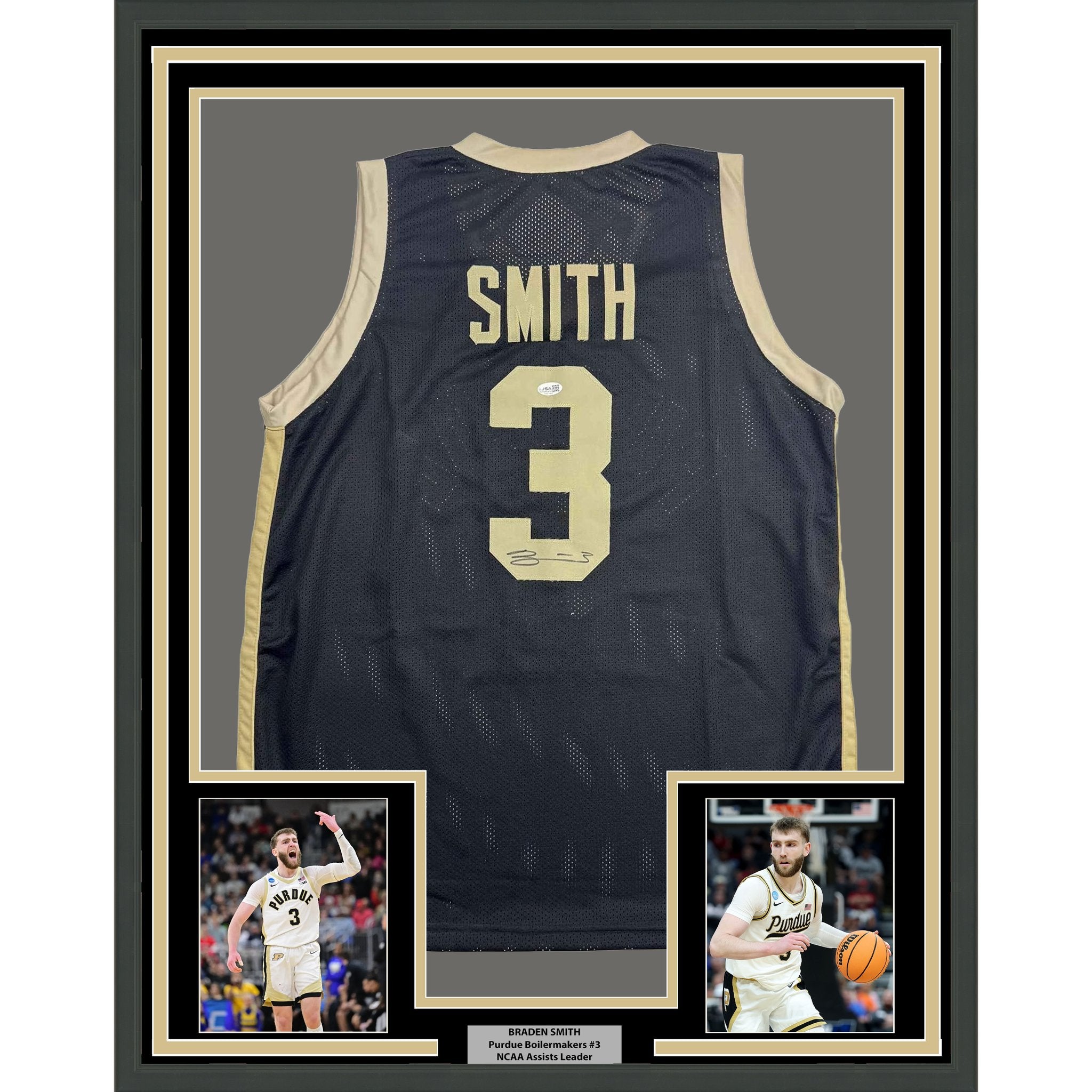 Framed Autographed/Signed Braden Smith 35x39 Purdue Black College Basketball Jersey JSA COA