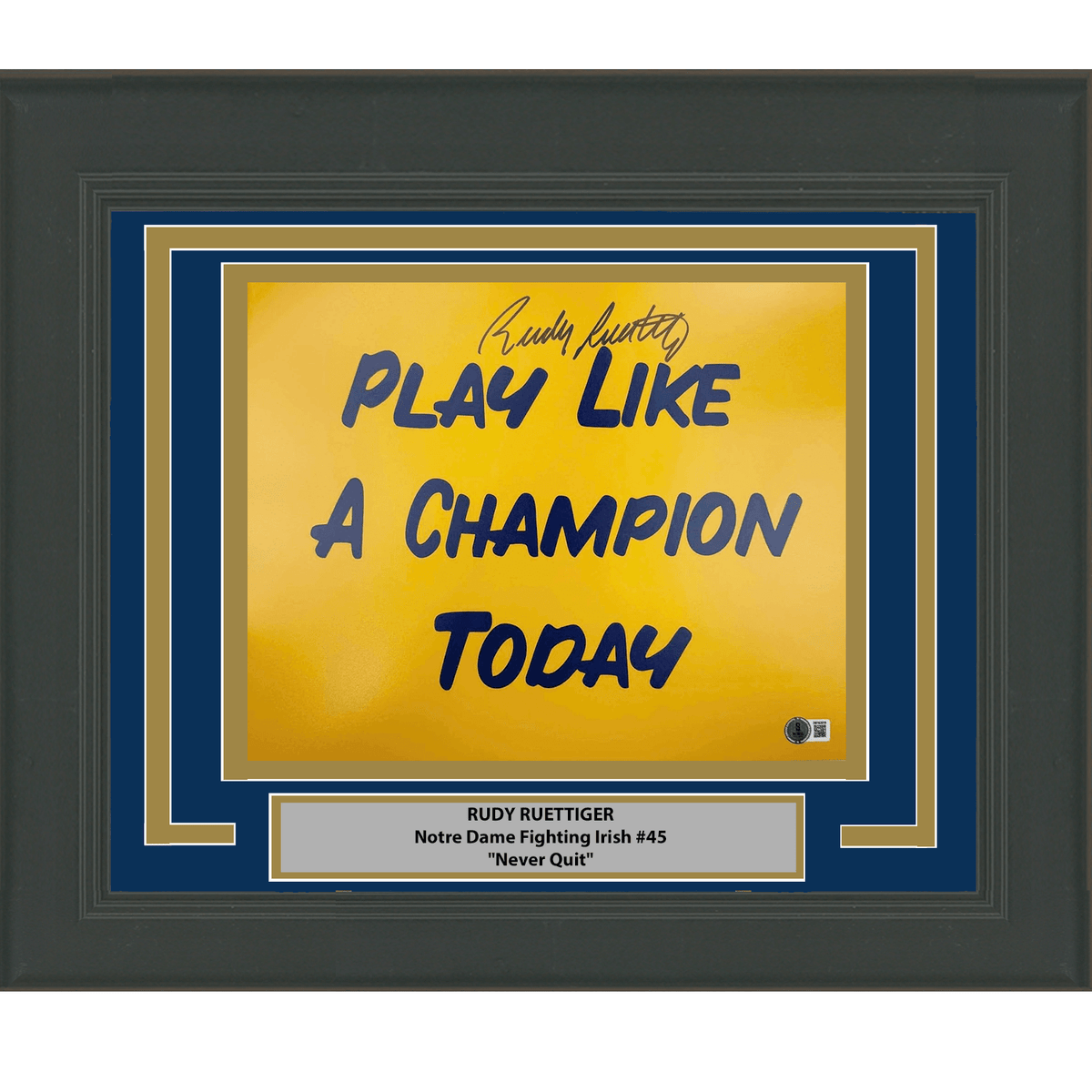 Framed Autographed/Signed Rudy Ruettiger Play Like A Champion Today Notre Dame Irish 11x14 College Football Photo Beckett BAS COA