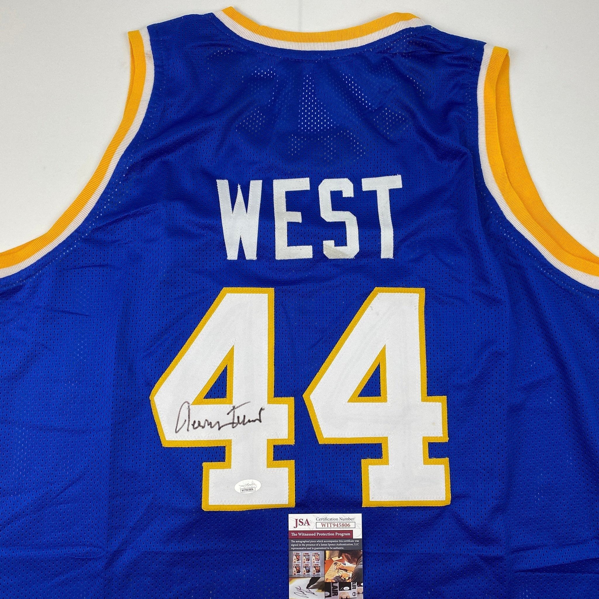 Autographed/Signed Jerry West West Virginia Blue College Basketball Jersey JSA COA