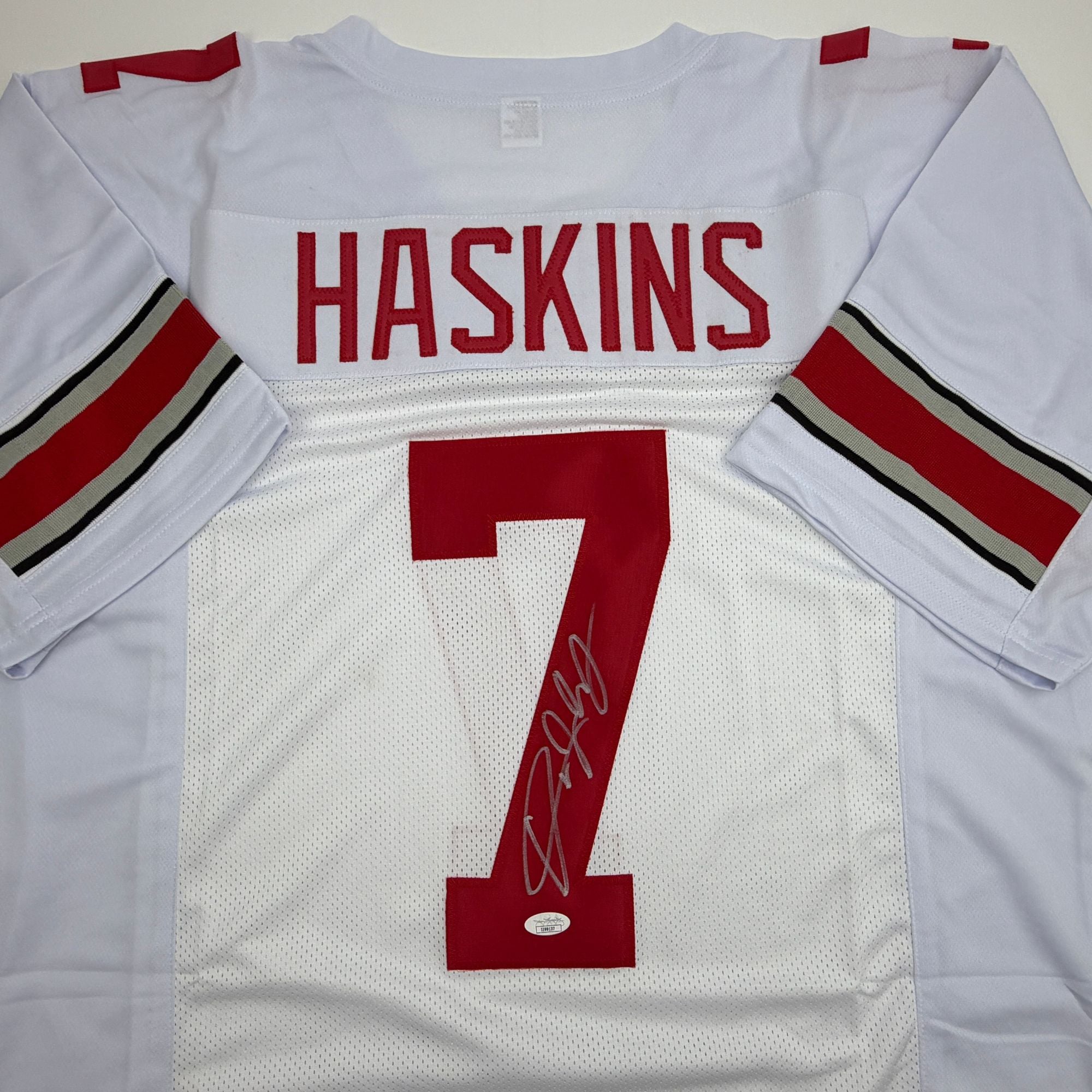 Autographed/Signed Dwayne Haskins Jr. Ohio State White College Football Jersey JSA COA