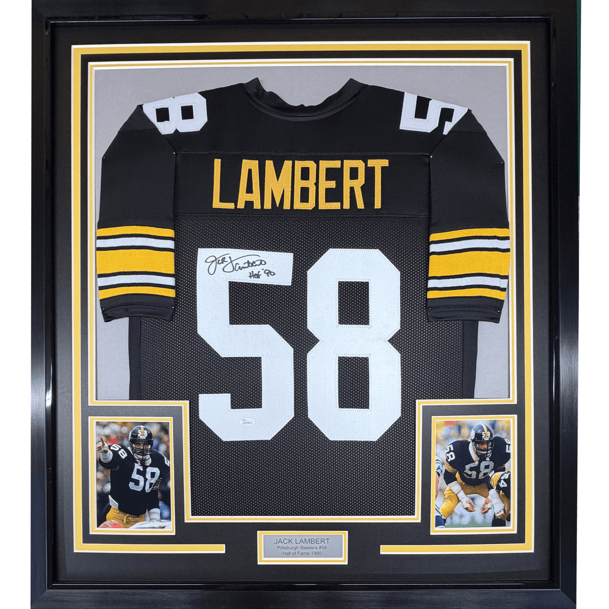 Framed Autographed/Signed Jack Lambert 35x39 HOF 90 Pittsburgh Black Football Jersey JSA COA