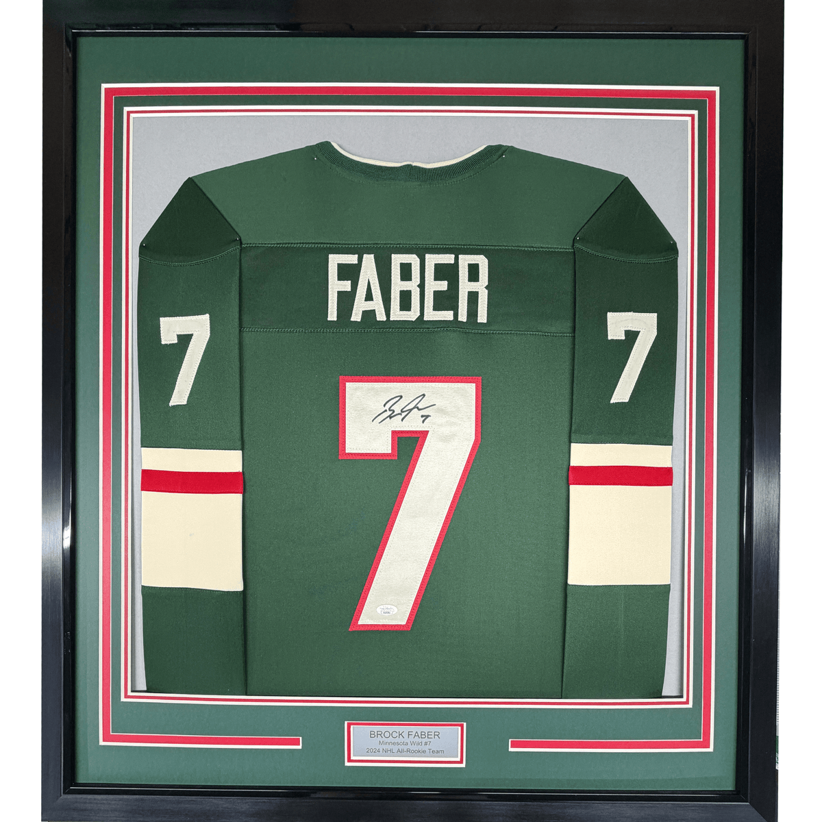 Framed Autographed/Signed Brock Faber 35x39 Minnesota Green Hockey Jersey JSA COA