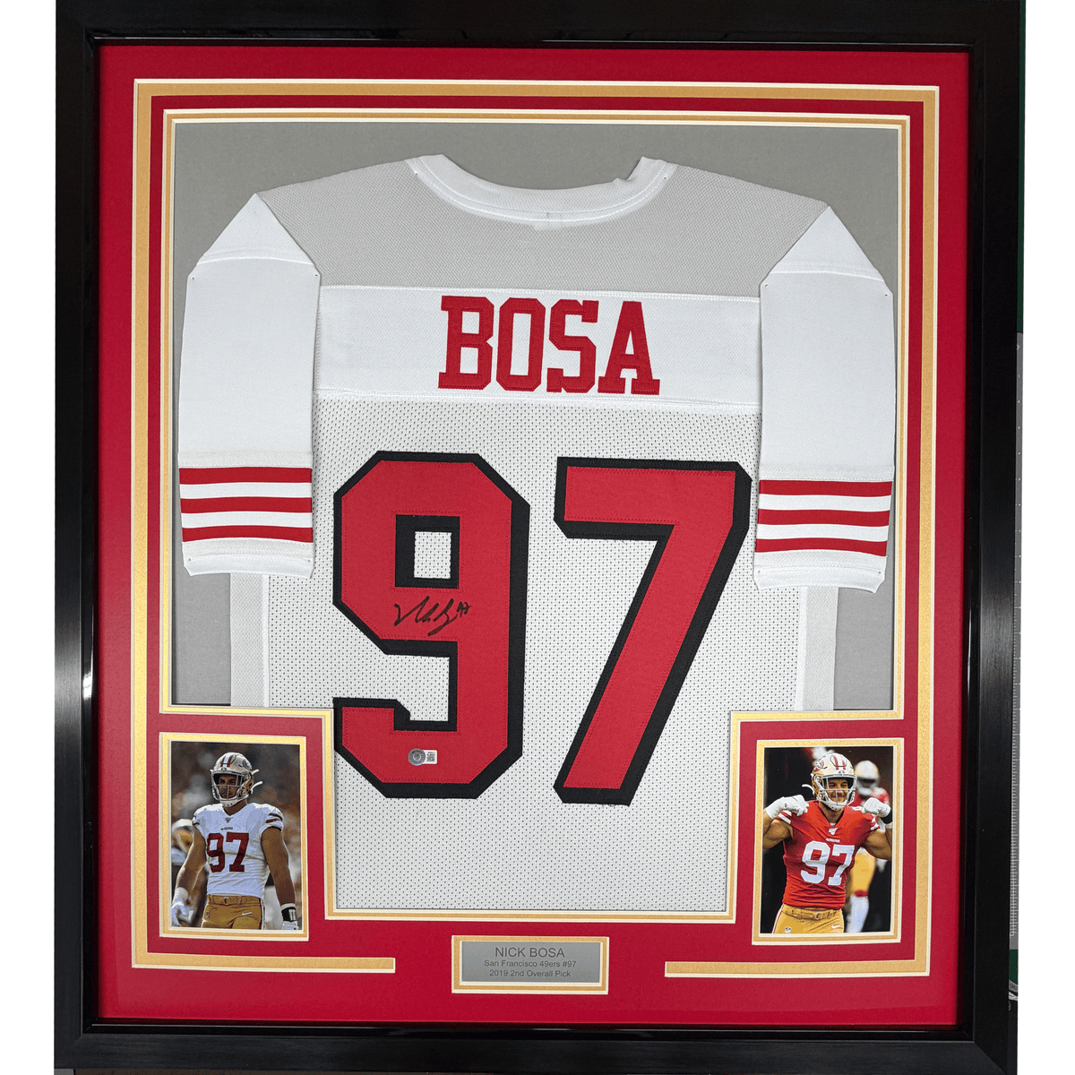 Framed Autographed/Signed Nick Bosa 35x39 San Francisco White Football Jersey JSA COA