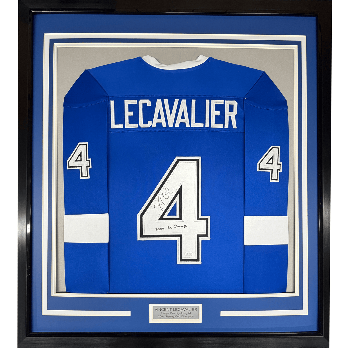 Framed Autographed/Signed Vincent Lecavalier 2004 SC Champs 35x39 Tampa Bay Blue Hockey Jersey JSA COA