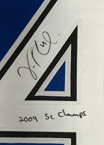 Framed Autographed/Signed Vincent Lecavalier 2004 SC Champs 35x39 Tampa Bay Blue Hockey Jersey JSA COA