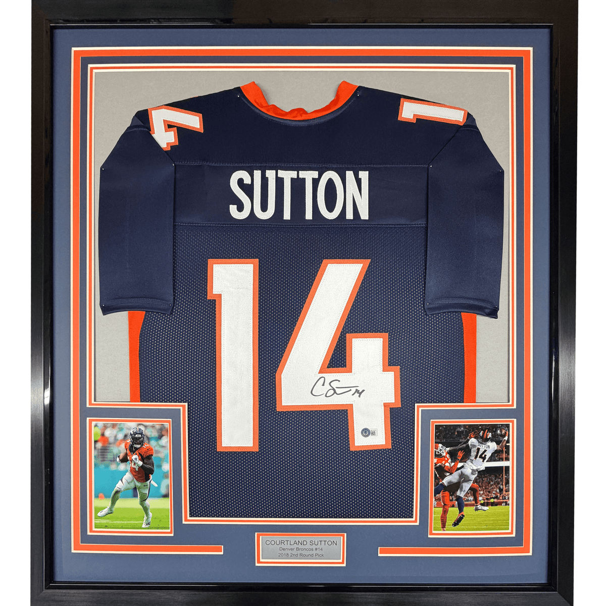 Framed Autographed/Signed Courtland Sutton 35x39 Denver Blue Football Jersey JSA COA