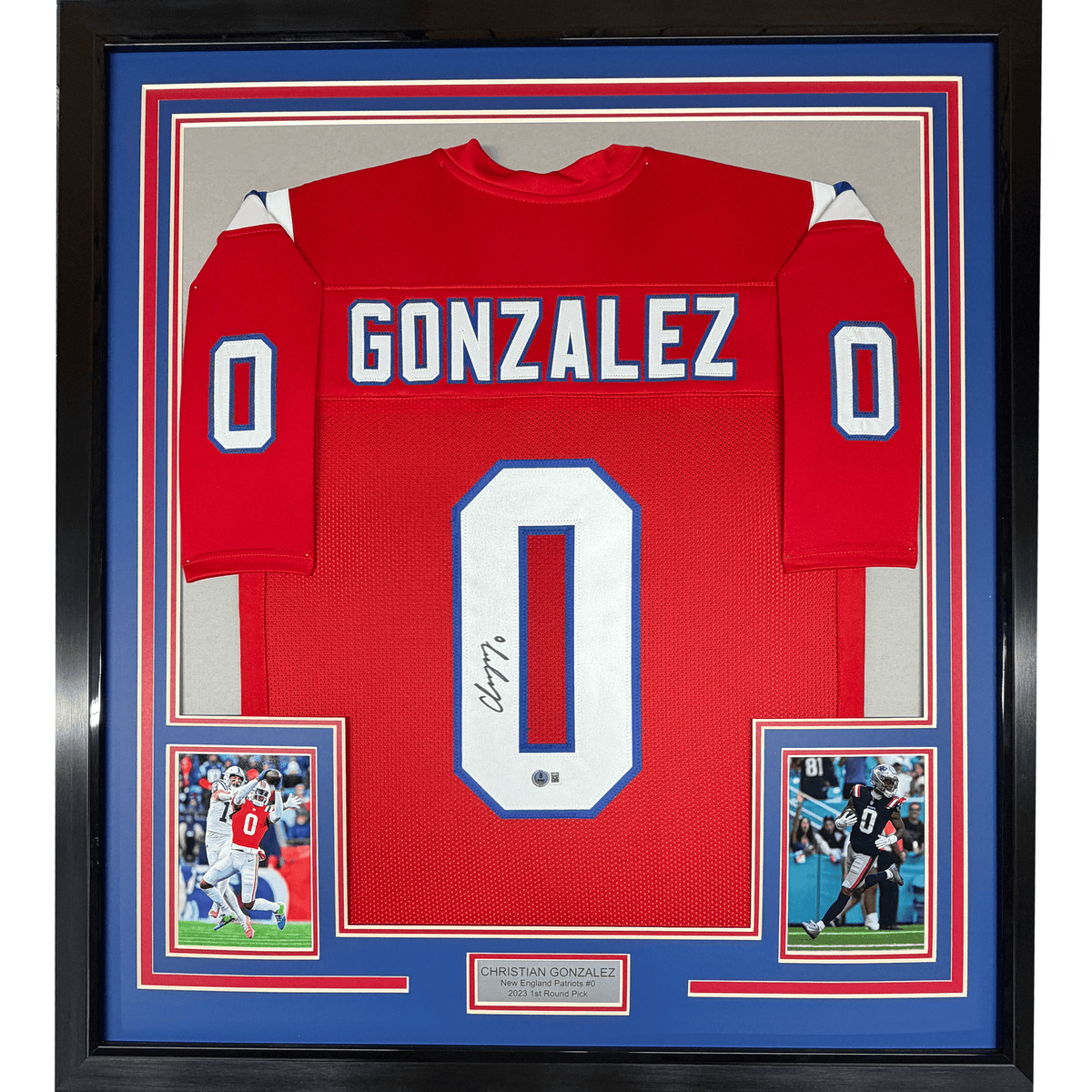 Framed Autographed/Signed Christian Gonzalez 35x39 New England Red Football Jersey Beckett BAS COA
