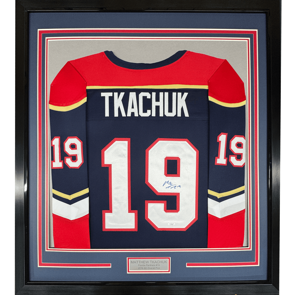 Framed Autographed/Signed Matthew Tkachuk 35x39 Florida Blue Hockey Jersey JSA COA