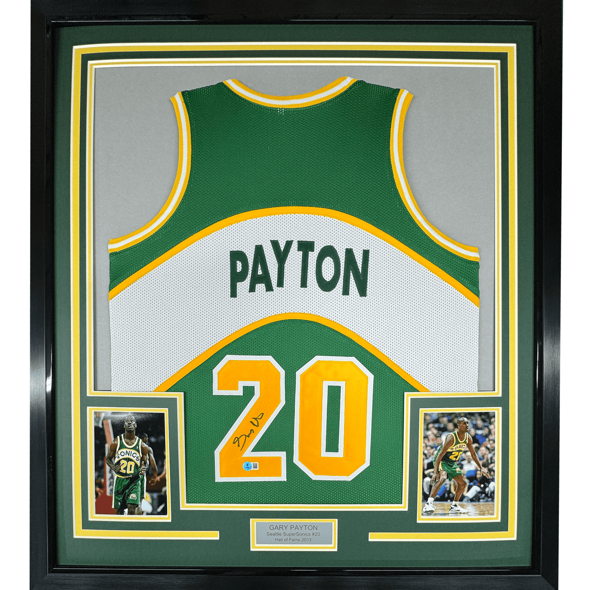 Framed Autographed/Signed Gary Payton 35x39 Seattle Green Basketball Jersey JSA COA