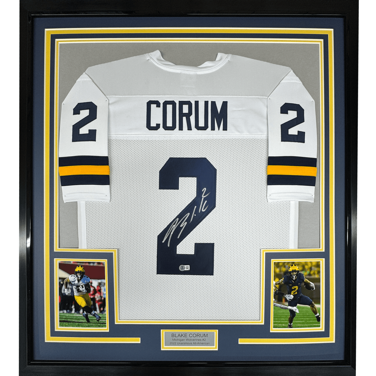 Framed Autographed/Signed Blake Corum 35x39 Michigan White College Football Jersey Beckett BAS COA