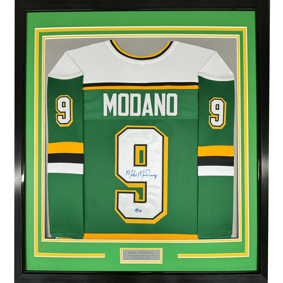 Framed Autographed/Signed Mike Modano HOF 2014 35x39 Minnesota Green Hockey Jersey Beckett BAS COA