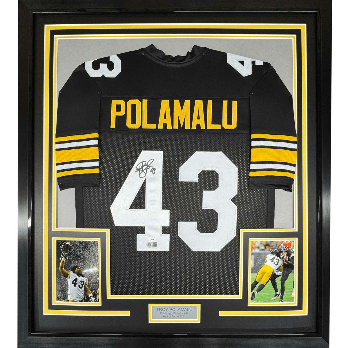 Framed Autographed/Signed Troy Polamalu 35x39 Pittsburgh Retro Black Football Jersey JSA COA