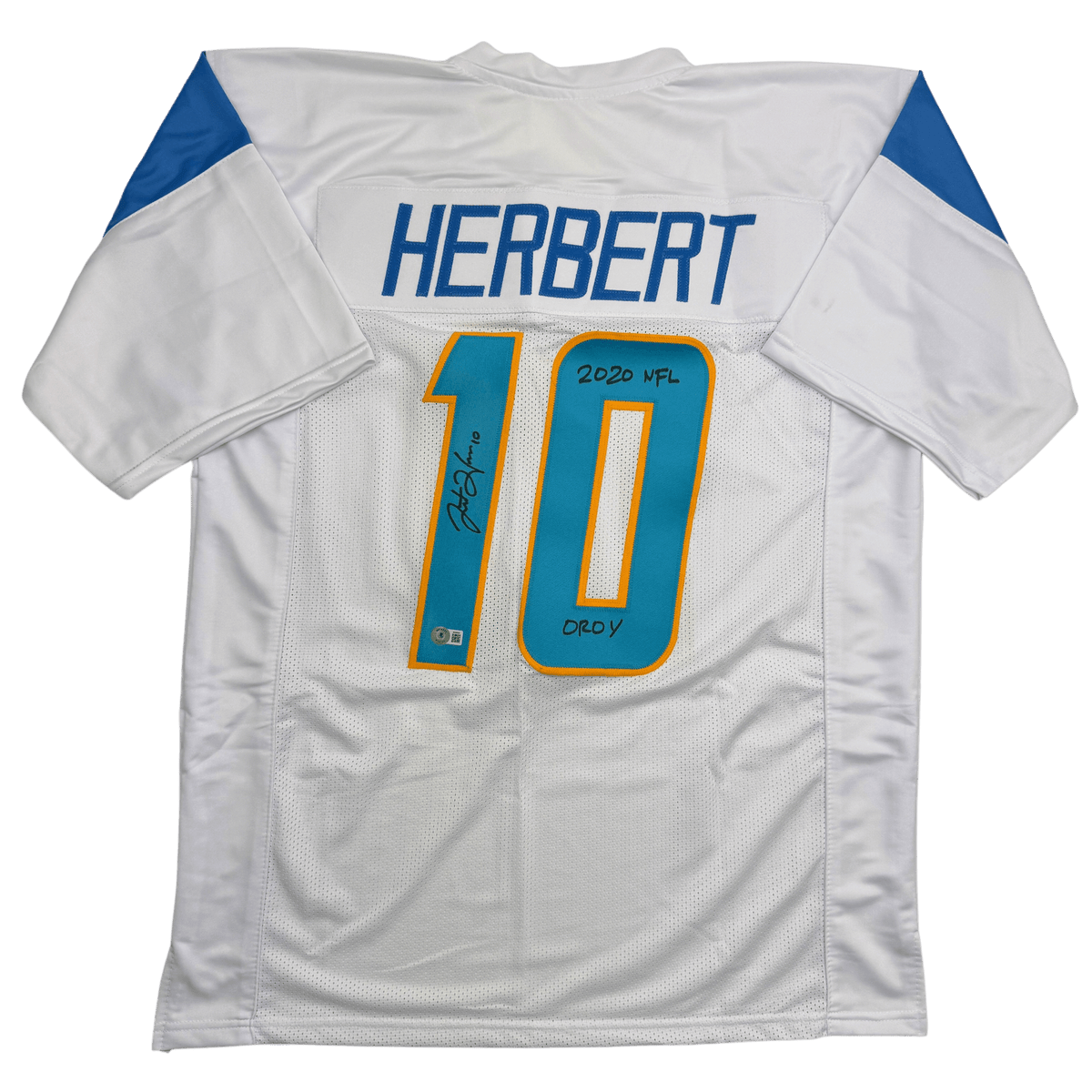 Autographed/Signed Justin Herbert 2020 ROY Los Angeles San Diego White Football Jersey Beckett BAS COA