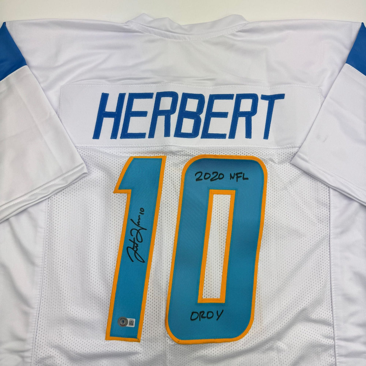 Autographed/Signed Justin Herbert 2020 ROY Los Angeles San Diego White Football Jersey Beckett BAS COA