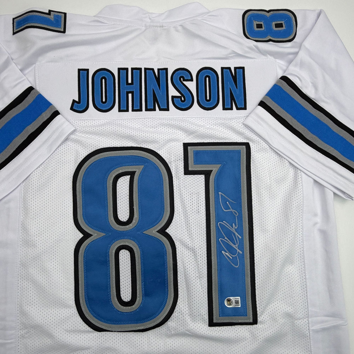 Autographed/Signed Calvin Johnson Detroit White Football Jersey JSA COA #2