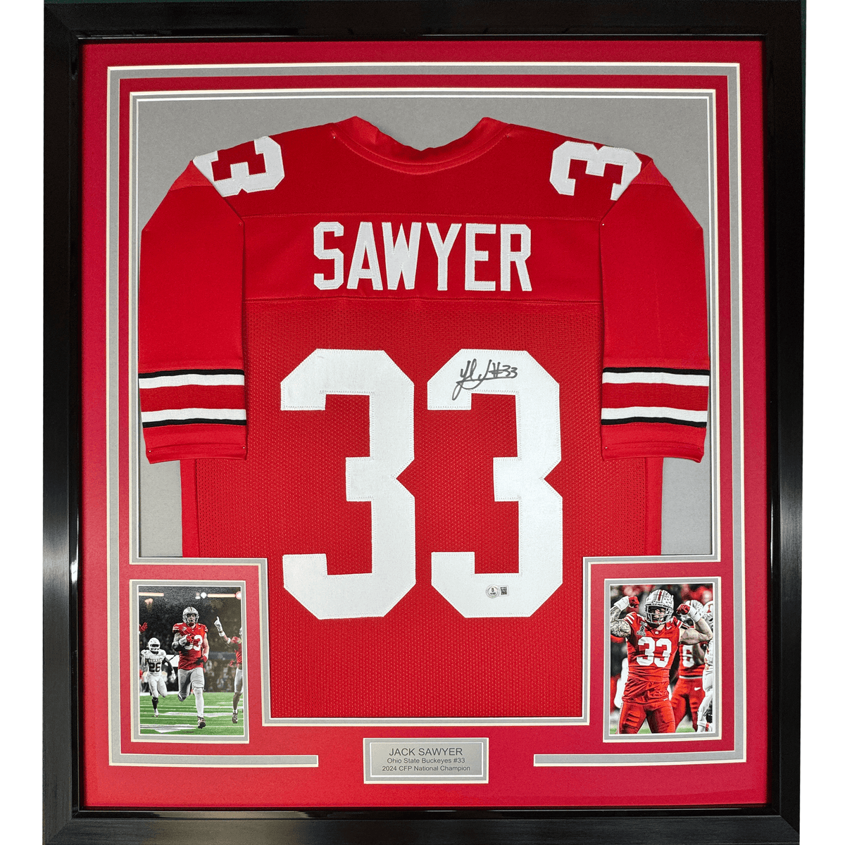 Framed Autographed/Signed Jack Sawyer 35x39 Ohio State Red College Football Jersey Beckett BAS COA