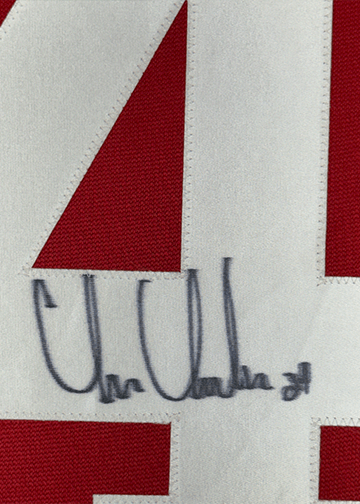 Framed Autographed/Signed Chris Chelios 35x39 Detroit Red Hockey Jersey JSA COA