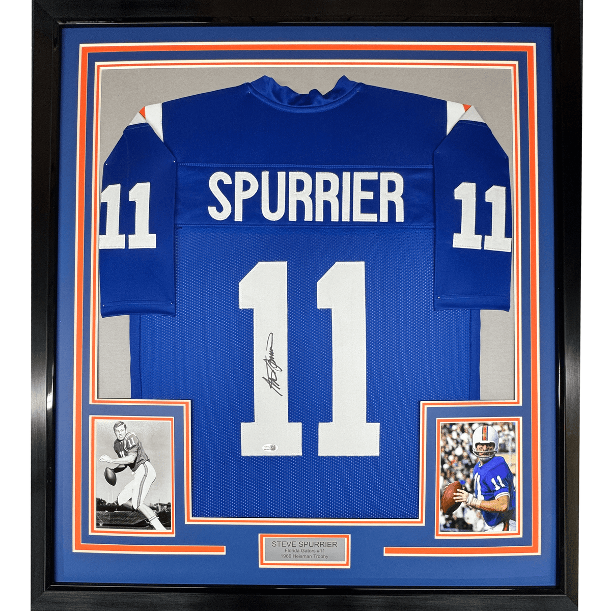 Framed Autographed/Signed Steve Spurrier 35x39 Florida Blue College Football Jersey JSA COA