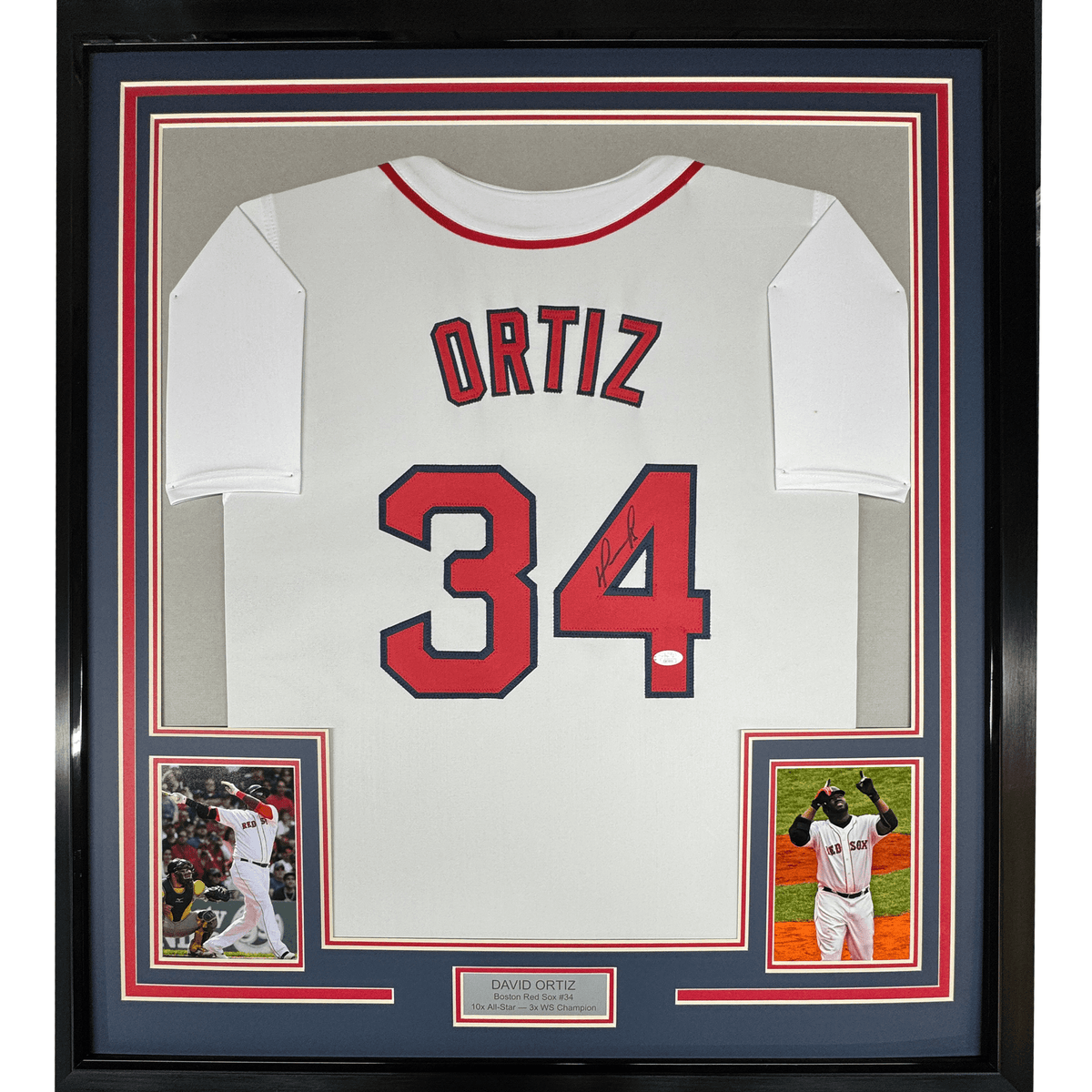 Framed Autographed/Signed David Ortiz 35x39 Boston White Baseball Jersey JSA COA
