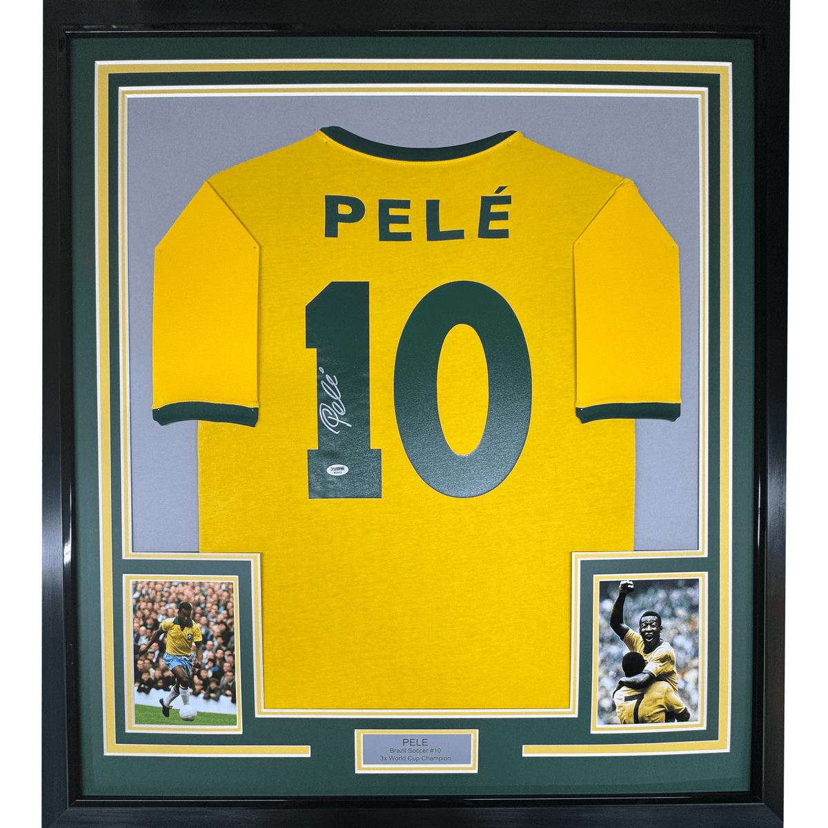 Framed Autographed/Signed Pele 35x39 Brazil Yellow Soccer Futbol Jersey PSA/DNA COA Auto #2