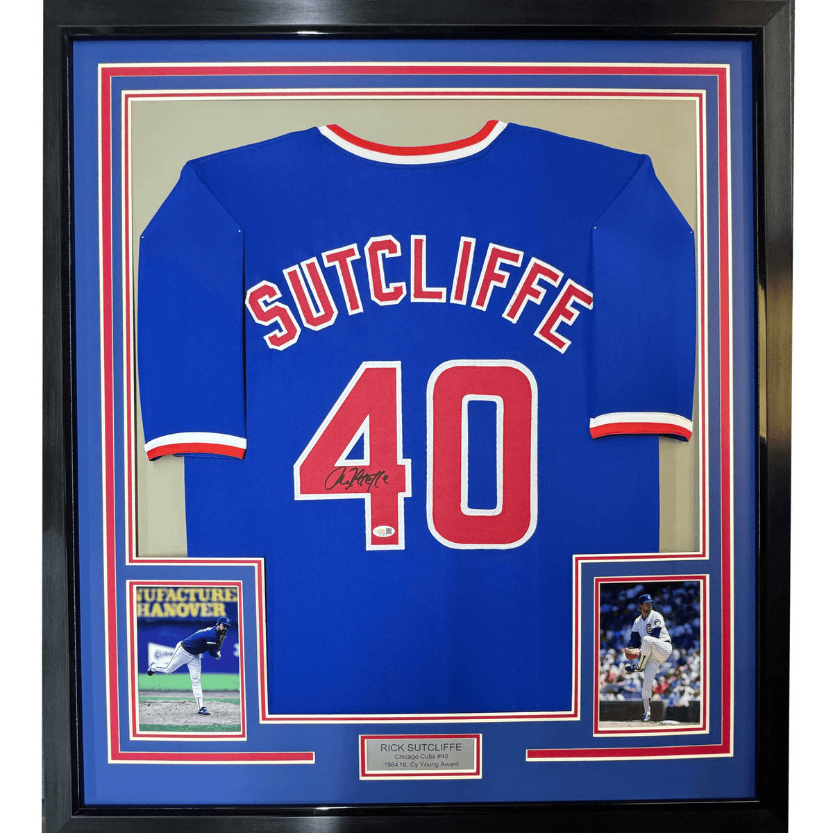 Framed Autographed/Signed Rick Sutcliffe 35x39 Chicago Blue Baseball Jersey Beckett BAS COA