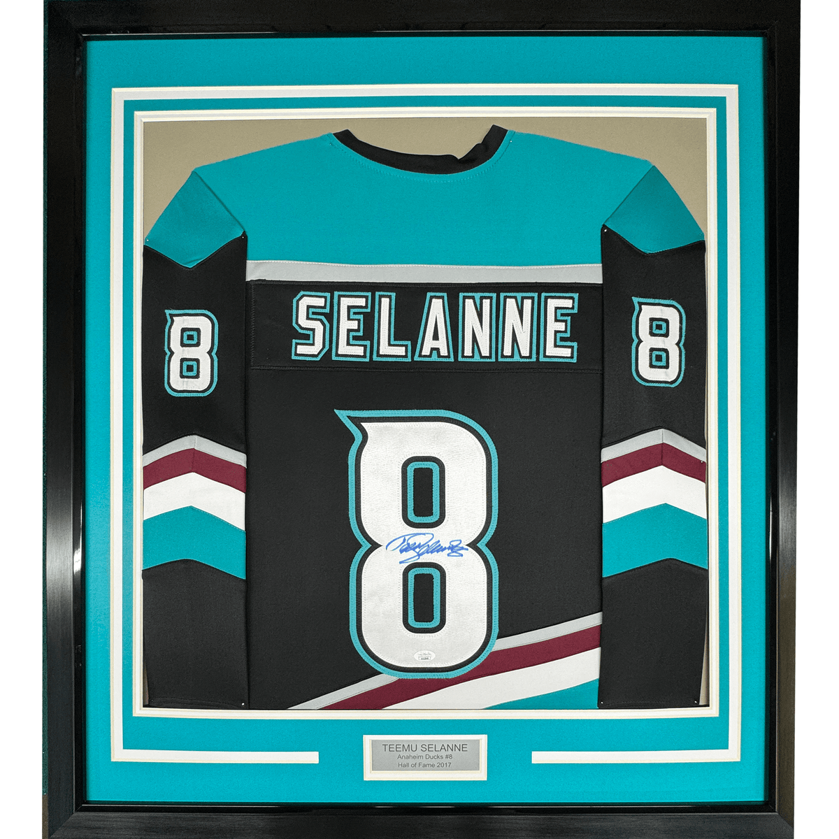 Framed Autographed/Signed Teemu Selanne 35x39 Anaheim Black Retro Hockey Jersey JSA COA