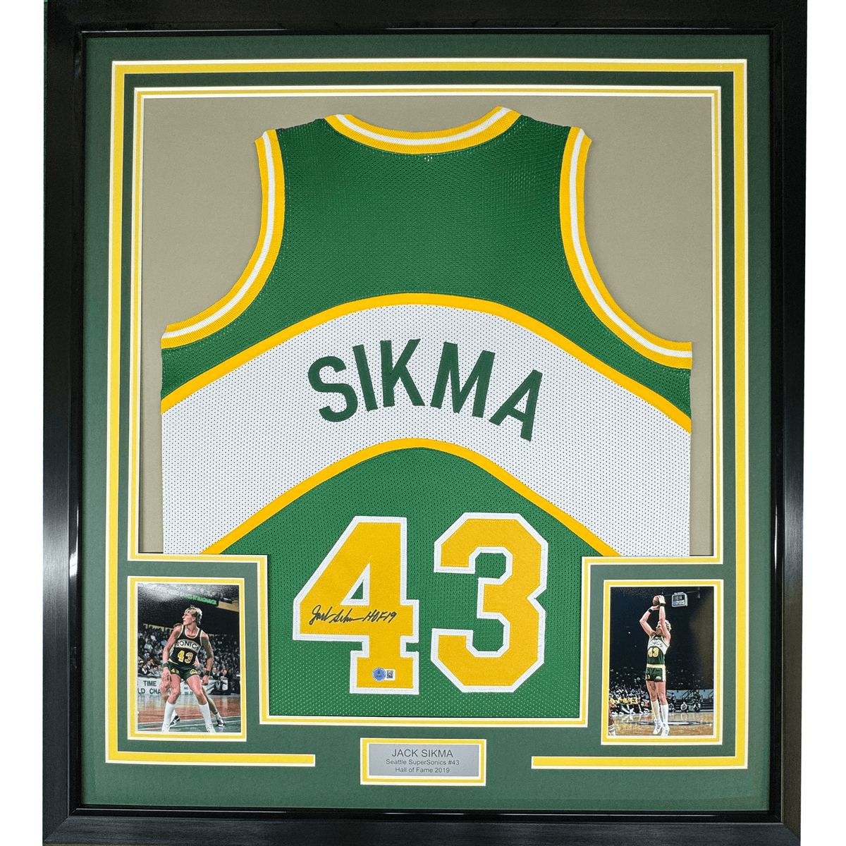 Framed Autographed/Signed Jack Sikma 35x39 Seattle Green Basketball Jersey JSA COA