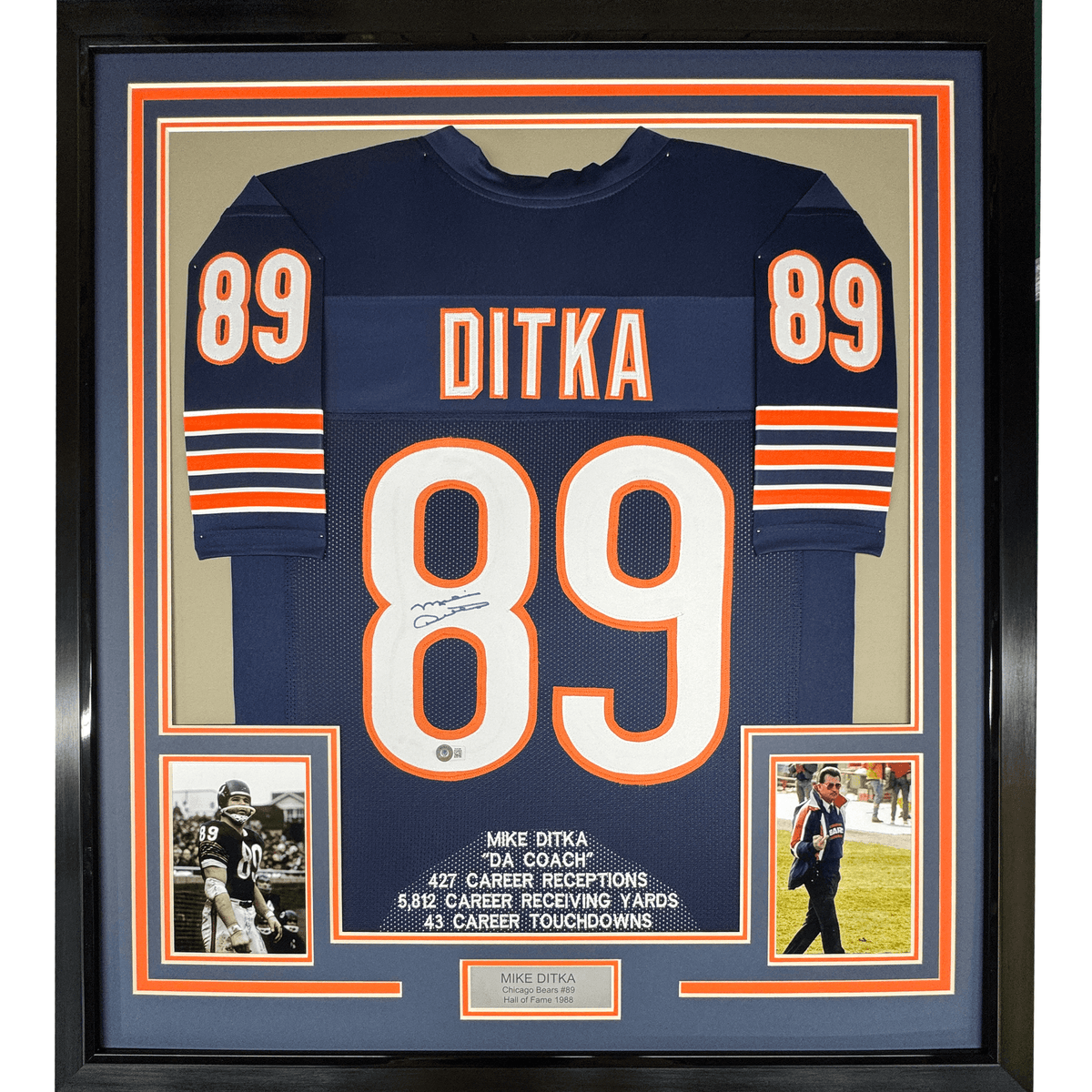Framed Autographed/Signed Mike Ditka 35x39 Chicago Blue Stat Football Jersey JSA COA