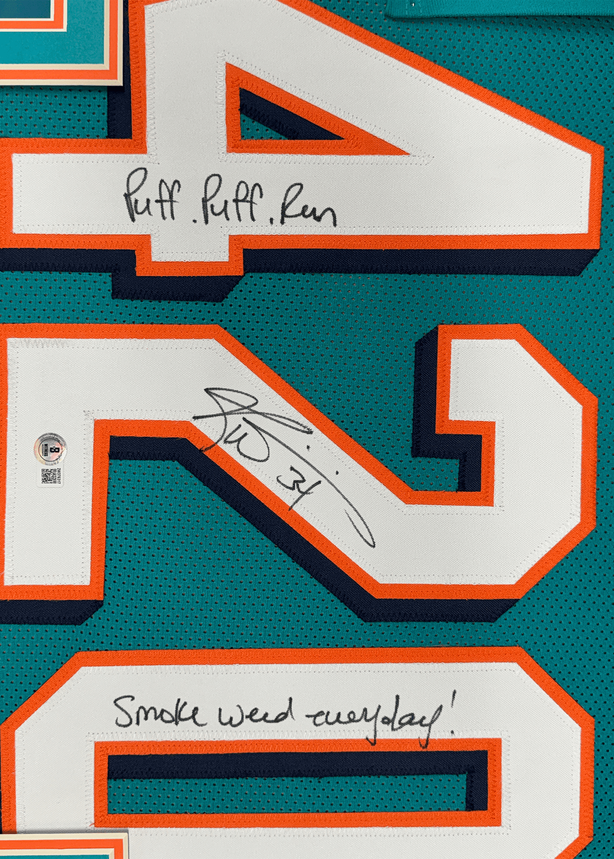Framed Autographed/Signed Ricky Williams 35x39 Smoke Weed Everyday Puff Puff Run #420 Inscribed Miami Teal Football Jersey Beckett BAS COA