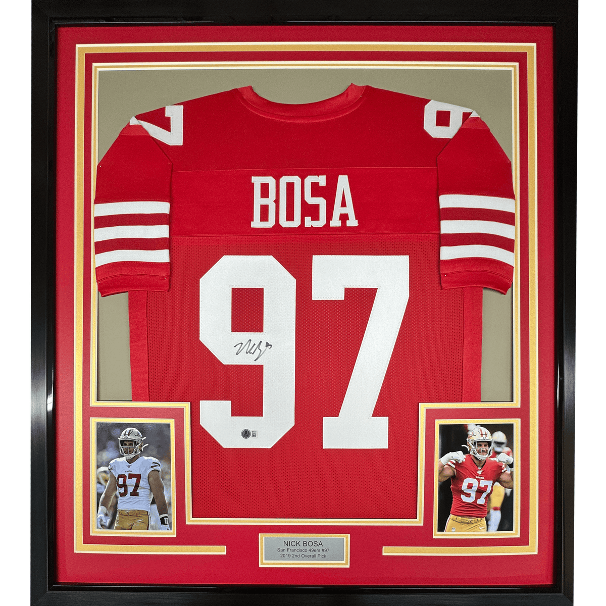 Framed Autographed/Signed Nick Bosa 35x39 San Francisco Red Football Jersey JSA COA