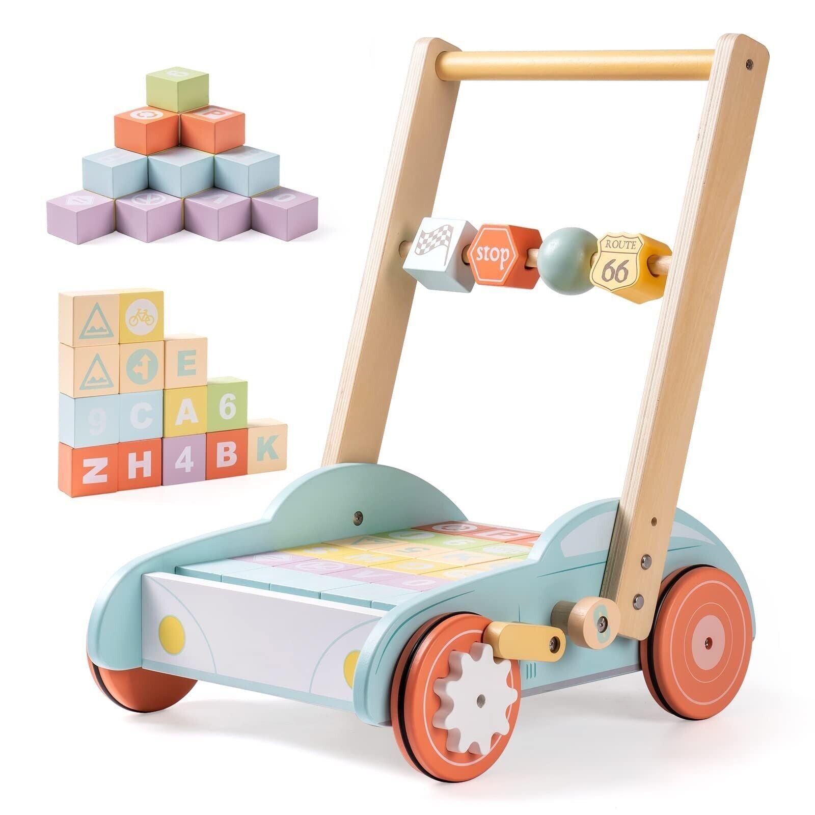 Wooden Baby Walker Push Toy – Educational Activity Cart with ABC Blocks