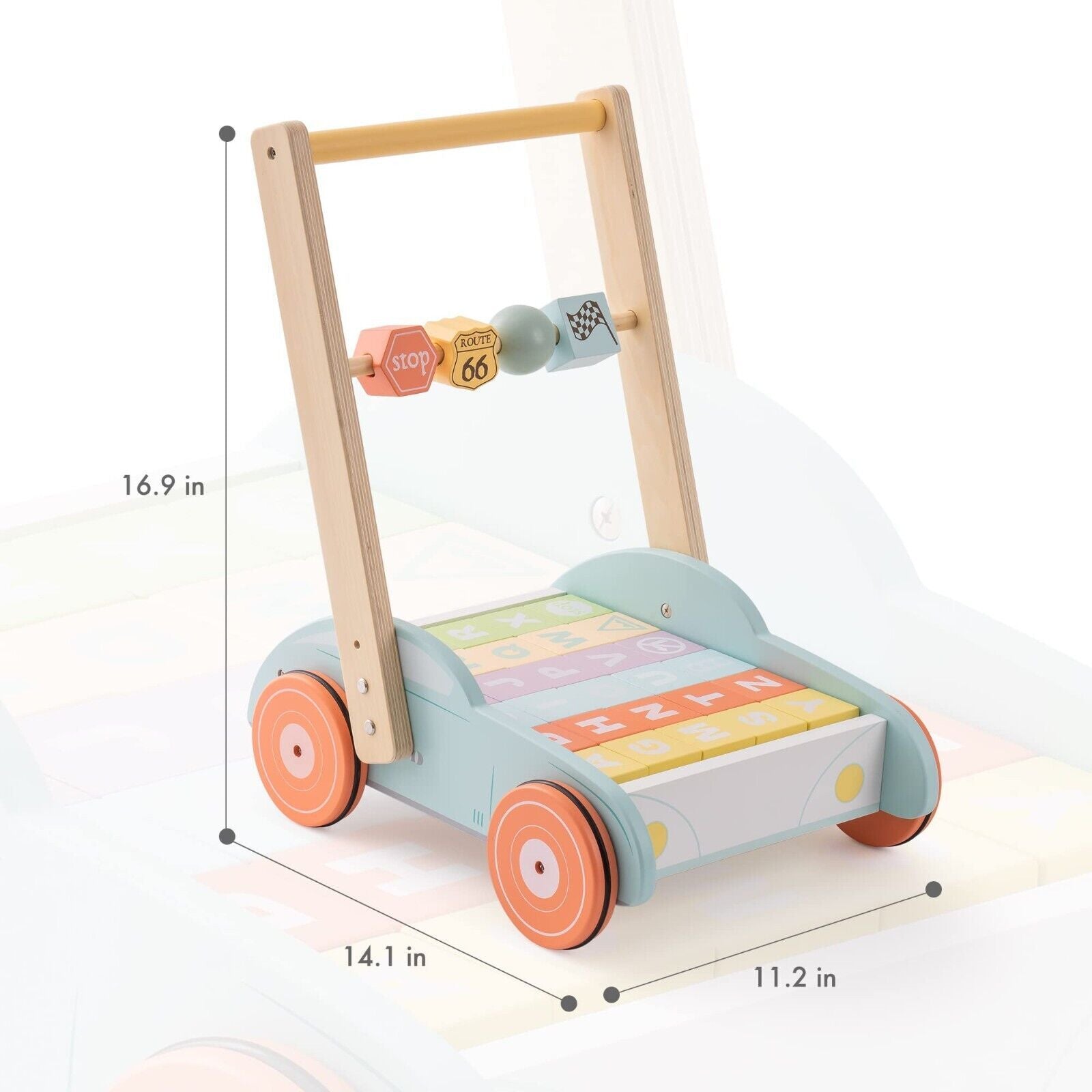 Wooden Baby Walker Push Toy – Educational Activity Cart with ABC Blocks