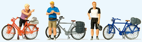 Preiser 10644 HO Scale Standing Cyclists in Sportswear w/Bikes -- Set #2 pkg(3)