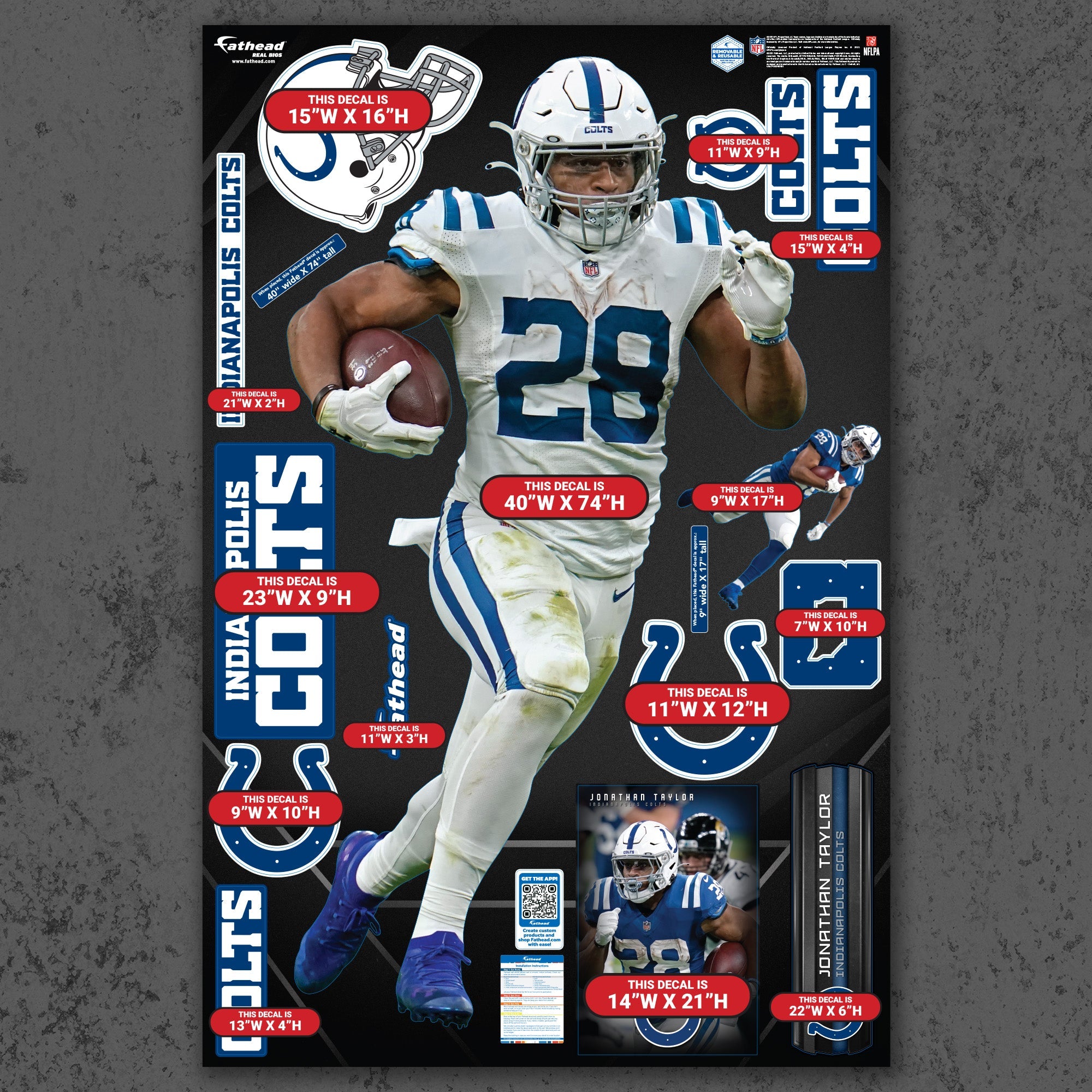 Jonathan Taylor - RealBig Horseshoe Hustle Collection - Official NFL - Indianapolis Colts - Reusable Vinyl Wall Decals