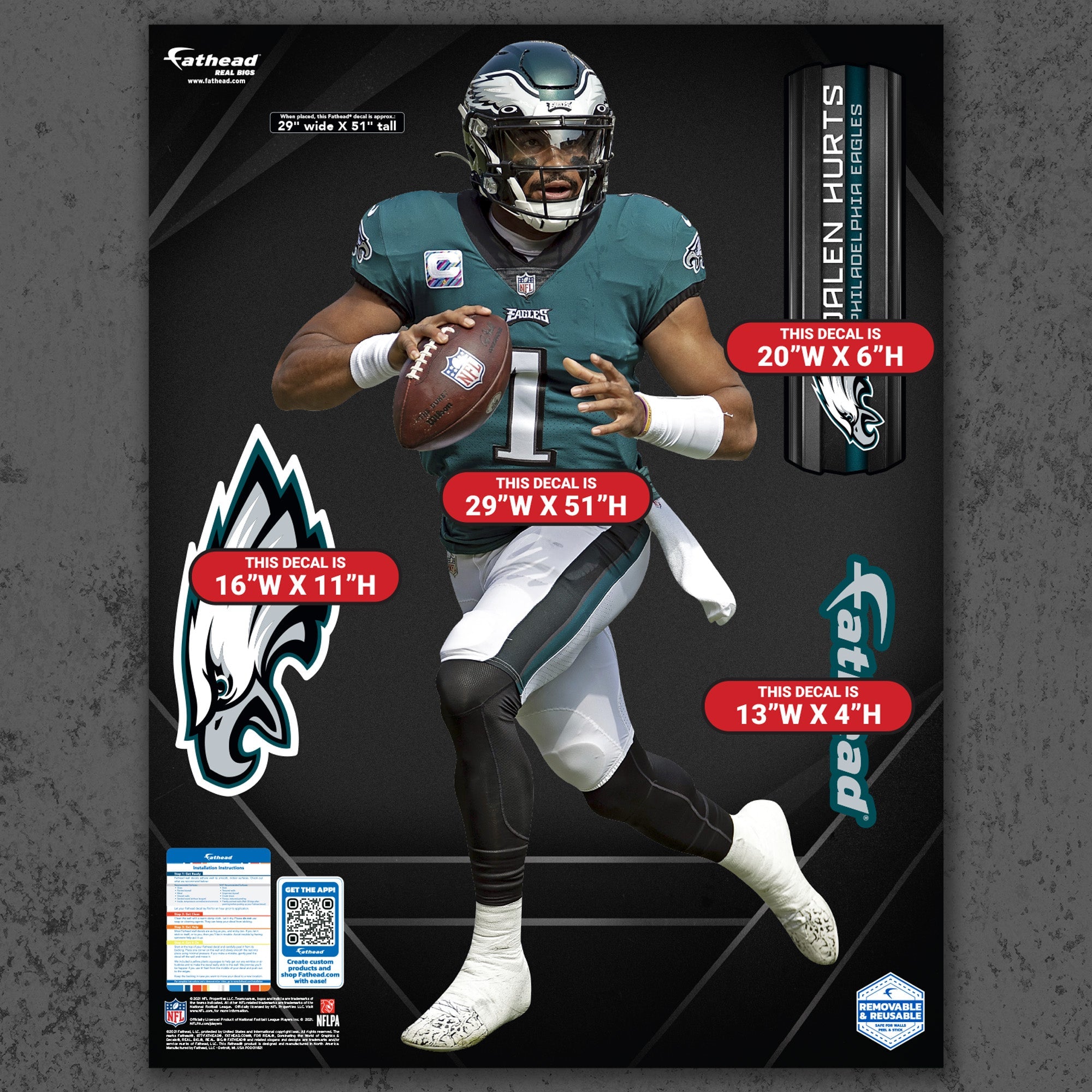 Jalen Hurts - RealBig No. 1 Collection - Official NFL - Philadelphia Eagles - Reusable Vinyl Wall Decals