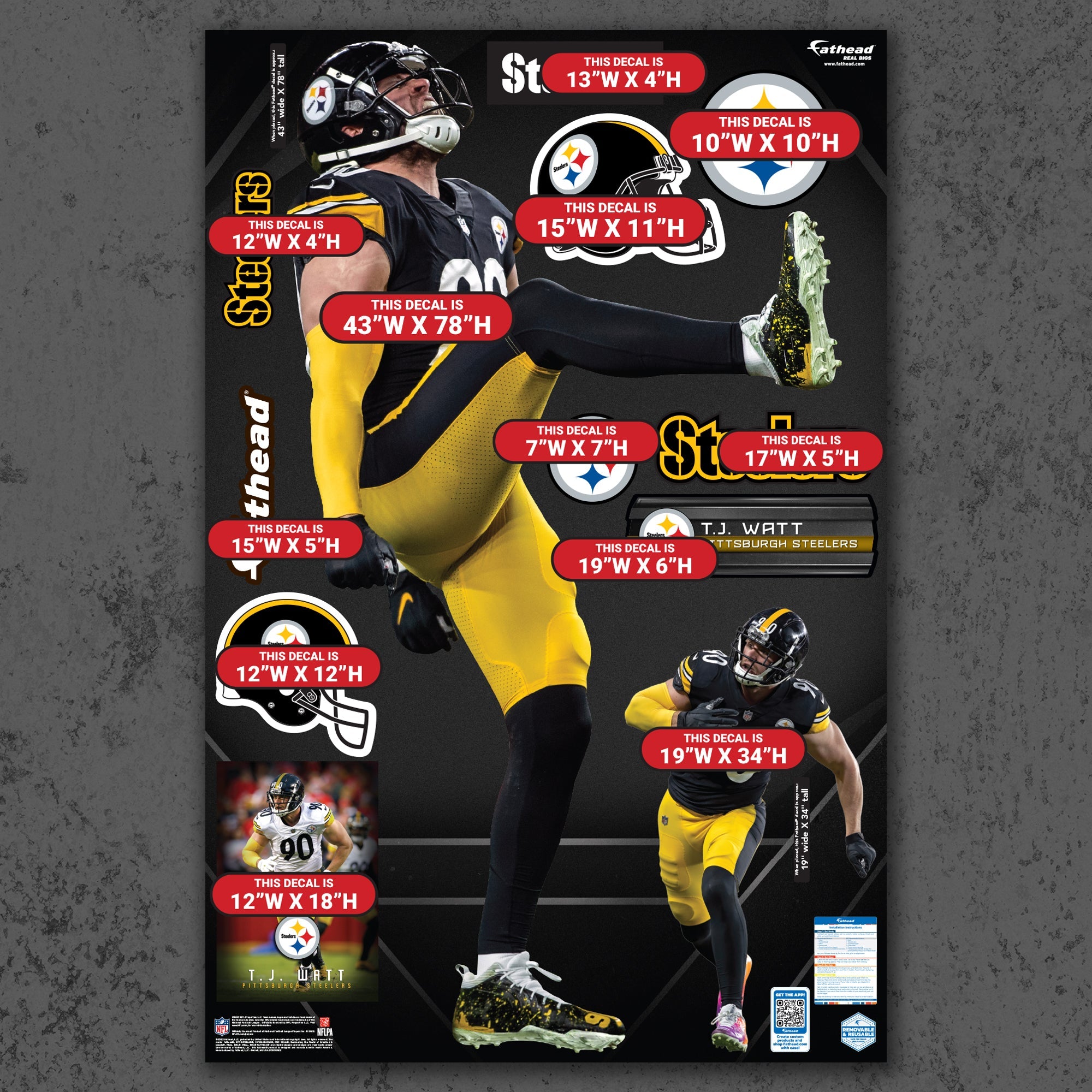 T.J. Watt - RealBig Celebration Collection - Official NFL - Pittsburgh Steelers - Reusable Vinyl Wall Decals