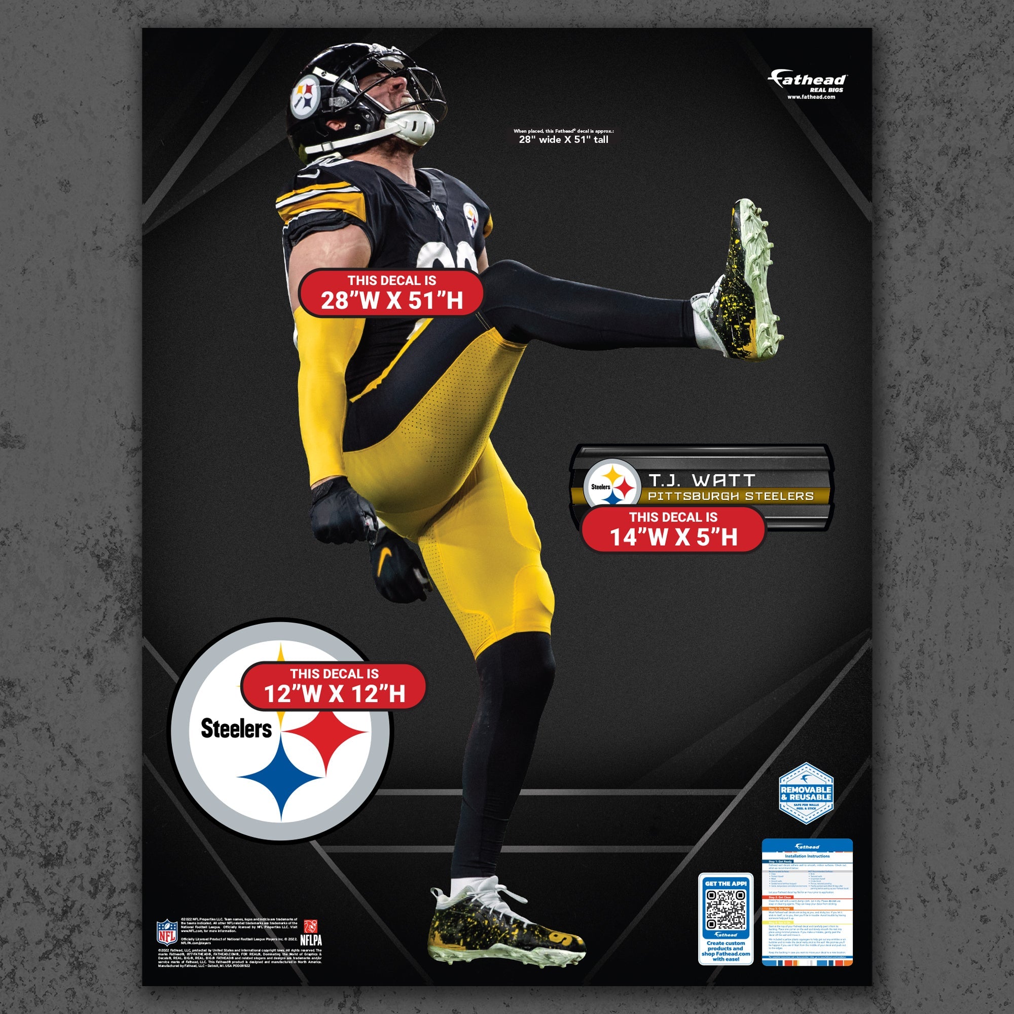 T.J. Watt - RealBig Celebration Collection - Official NFL - Pittsburgh Steelers - Reusable Vinyl Wall Decals