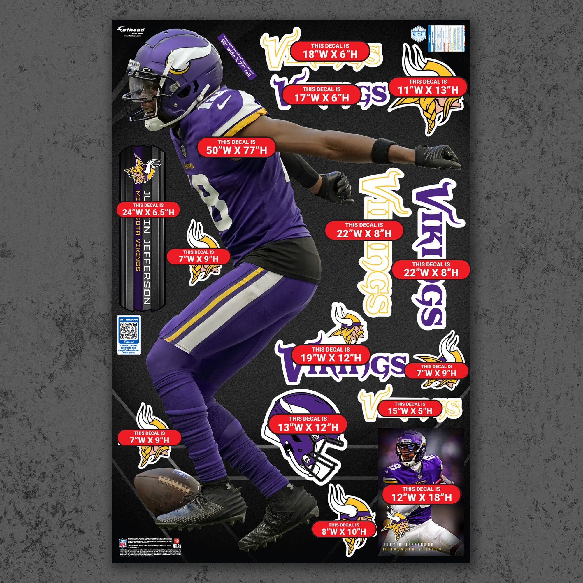 Justin Jefferson - RealBig Griddy Collection - Official NFL - Minnesota Vikings - Reusable Vinyl Wall Decals